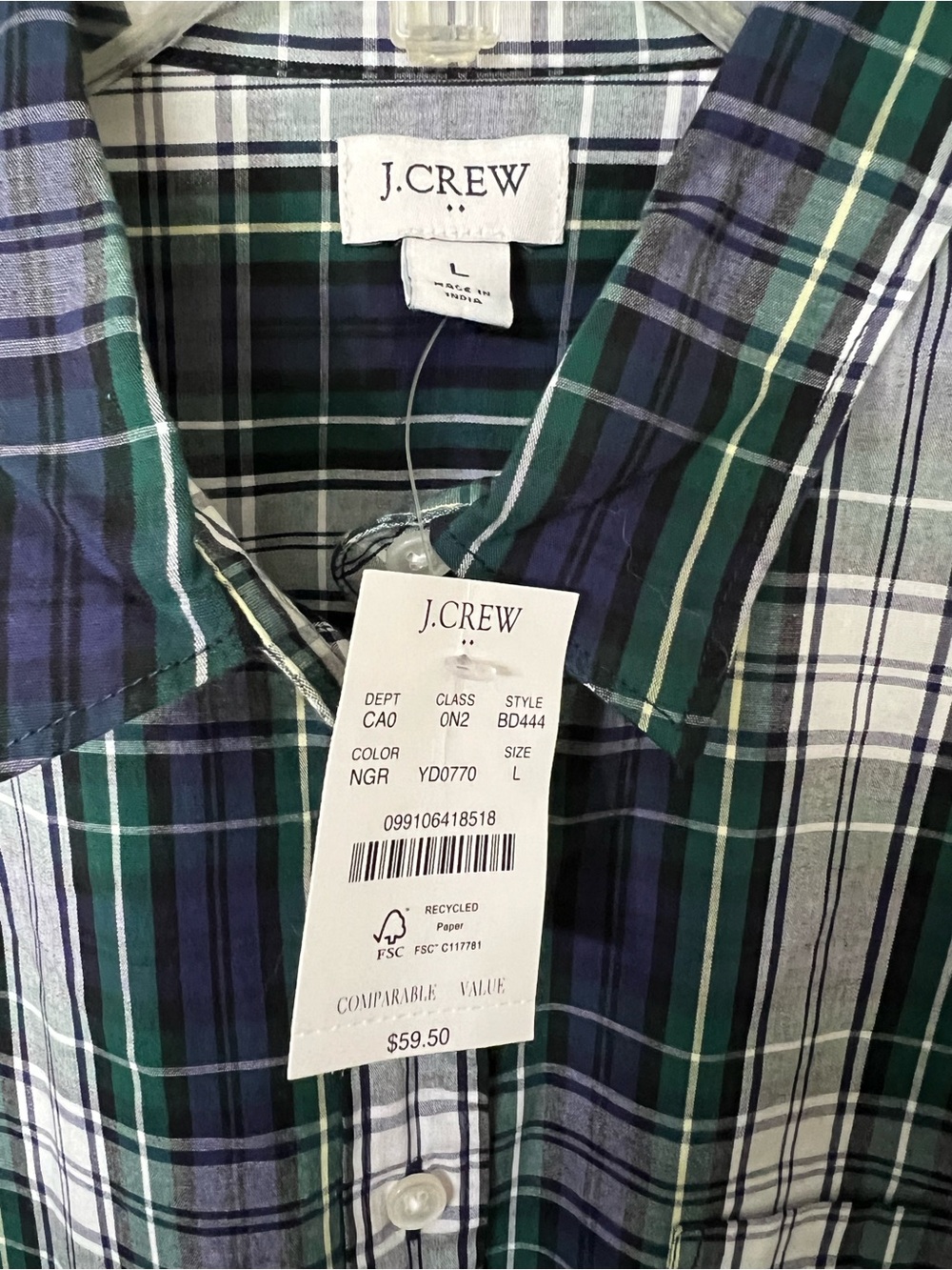 J. Crew Green, Blue & White Plaid Button-Down Shirt